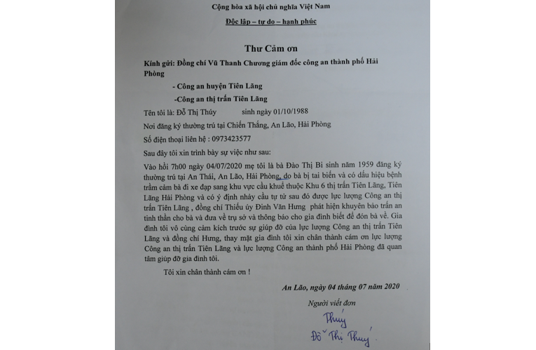  Công an thị trấn Tiên Lãng, huyện Tiên Lãng: Kịp thời cứu người có ý định nhảy cầu Khuể